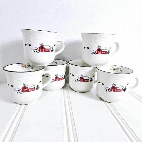 Pfaltzgraff Snow Village Christmas Farm Mug Set 6 Barn Angel Cow Holiday Cups
